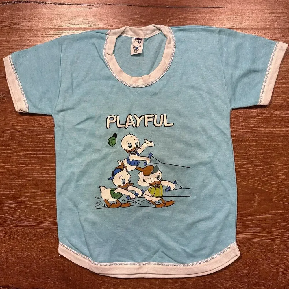 Vintage 60s Ringer T Shirt Youth S Blue Short Sleeve Duck Cartoon Playful VTG